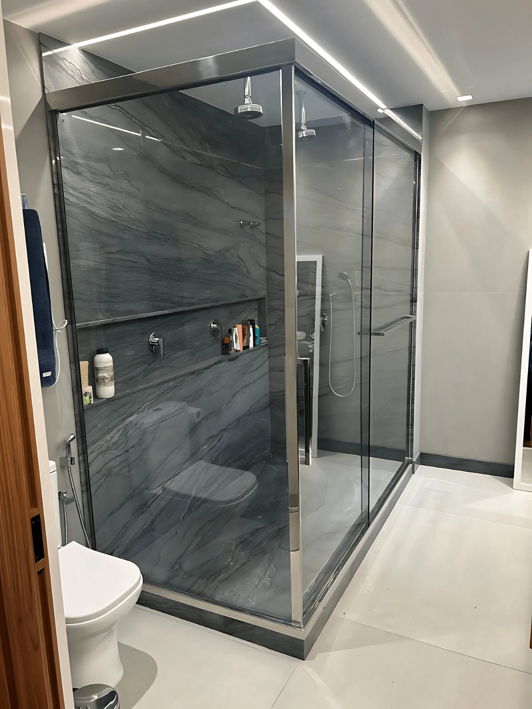 Kit box aço inox cromado polido em L de canto com toalheiro de box banheiro de luxo